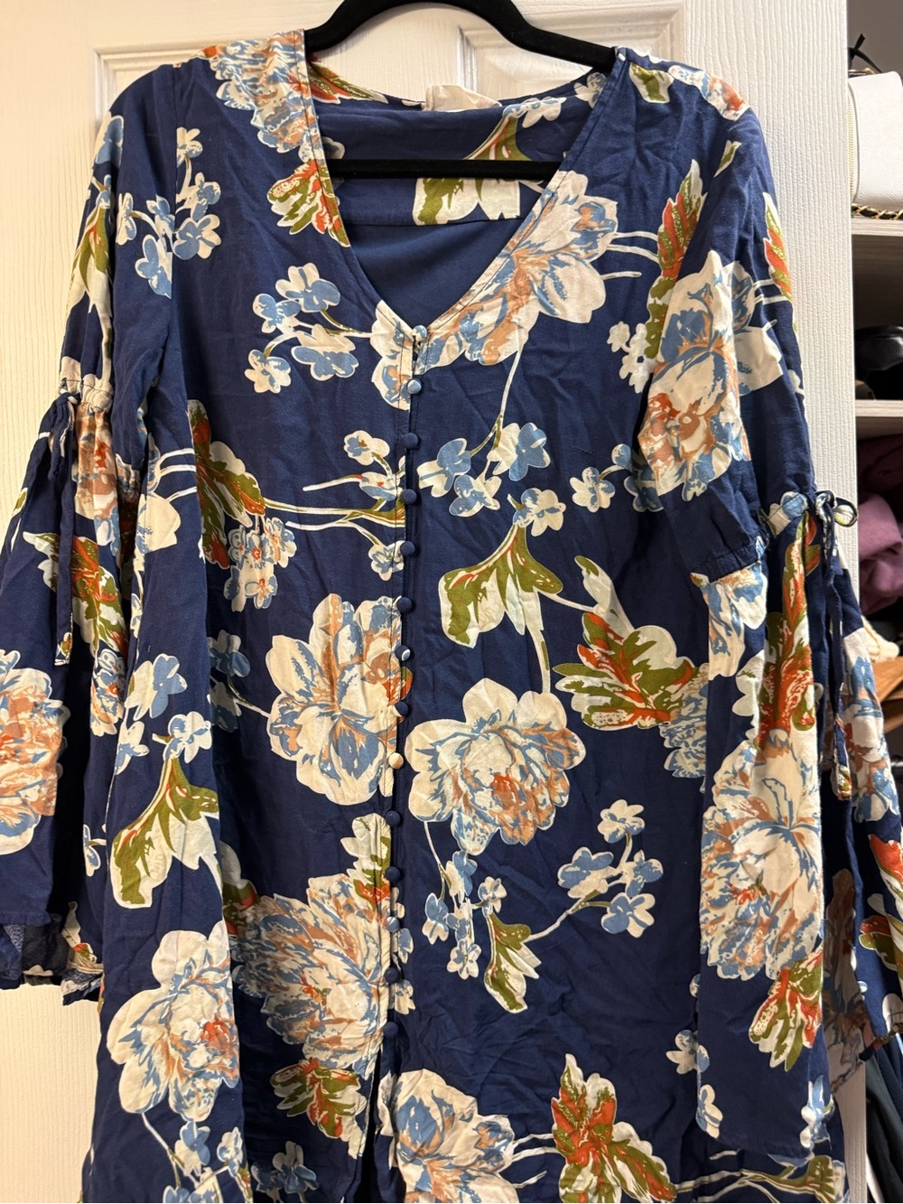 Altar'd State Navy Floral V-Neck Button Tunic with Peach & Olive Accents